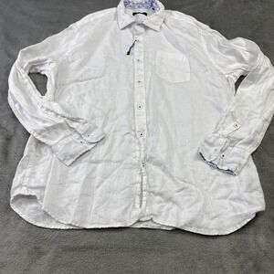 Toscano Button Shirt Mens XXL White 100% Linen Long Sleeve Floral Trim Pocket